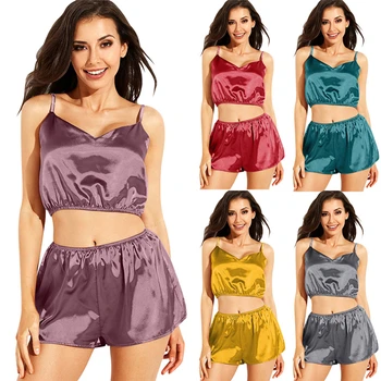 

Women Two Piece Set Satin Sleepwear Sexy Spaghetti Strap Crop Top Shorts Pajamas Suit Ladies Night Club Outfits Pajama Party Set