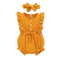 Nouveau né, Bébé Fille Barboteuse d'été et Bandeau en Coton et Lin, Vêtements à Volants, sans Manches 