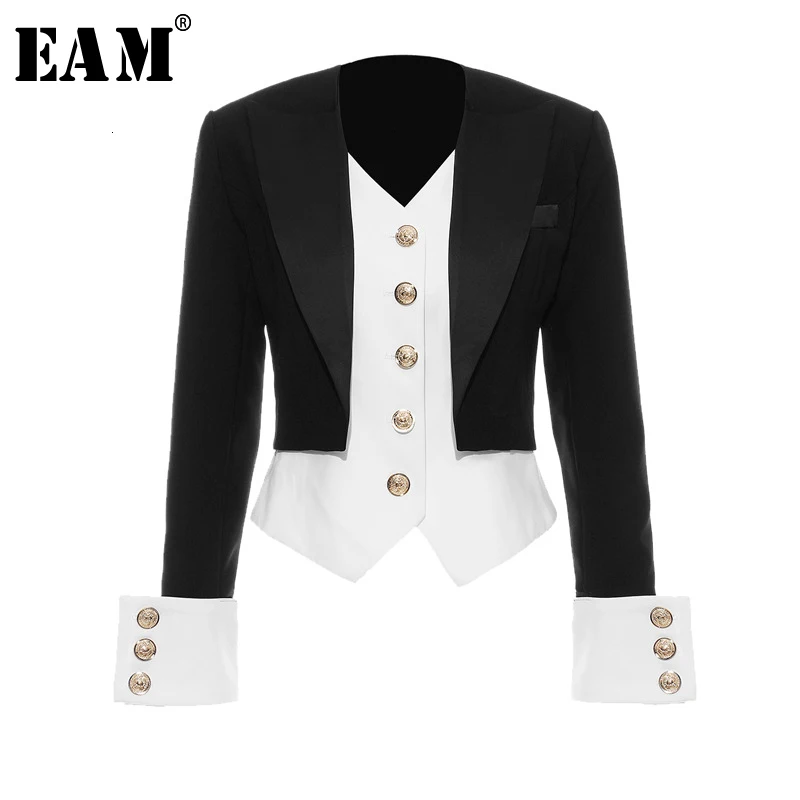

[EAM] Loose Fit Black False Two Button Stitch Jacket New V-collar Long Sleeve Women Coat Fashion Tide Autumn Winter 2019 1D635