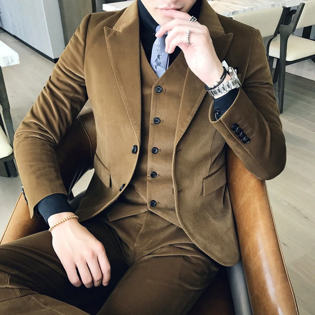 men's blazers Brown Green Corduroy Suit Slim Fit Vestito Uomo Smoking British Terno Masculino Trajes Hombres Formal Latest Coat Pant Design men's blazers
