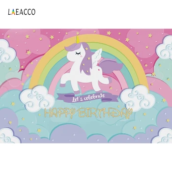 

Laeacco Rainbow Clouds Unicorn Party Birthday Baby Photography Backgrounds Customized Photographic Backdrops For Photo Studio