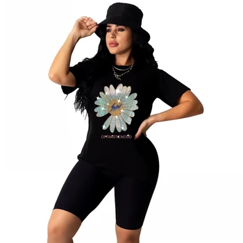 

2020 Women Sets Summer Tracksuits Fitness Hot Drilling O-Neck Tops+Shorts Suit Two Piece Set 2 Pcs Night Sportswear Outfits