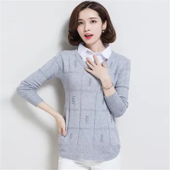 

Women's knitted sweater 2020 new fashion fake shirt collar large size slim pullover women's clothing 5 color casual top