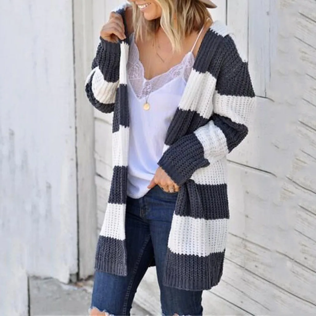 

Womens Cardigan Long Sleeve Patchwork Stripe Sweater Knitted Cardigan Lady Casual Hooded Sweater Autumn And Winter Wear
