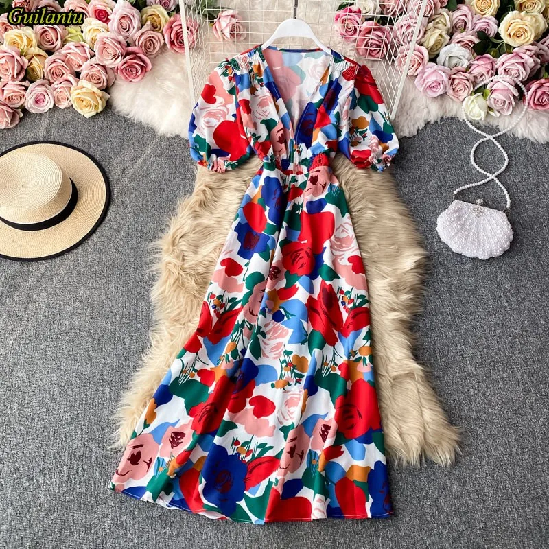 Guilantu Bohemia largo Vestidos de verano de las mujeres Vestidos de Mujer cuello en V de manga corta Vintage Floral vestido Boho Sexy, Vestido de playa,