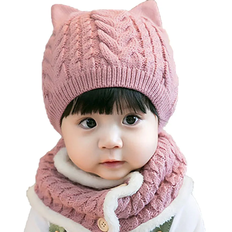 Детская шляпка, связанная крючком шапка с ушками, шарф для маленьких девочек, утепленная флисовая подкладка, теплая вязаная хлопковая шапка+ нагрудник, комплект из 2 предметов для детей 1-4 лет - Цвет: Pink