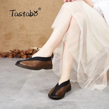 

Tastabo Genuine Leather Handmade Women Shoes No strap design Work Driving Shoes Black Brown S3709-5 Soft flat shoes Simple style