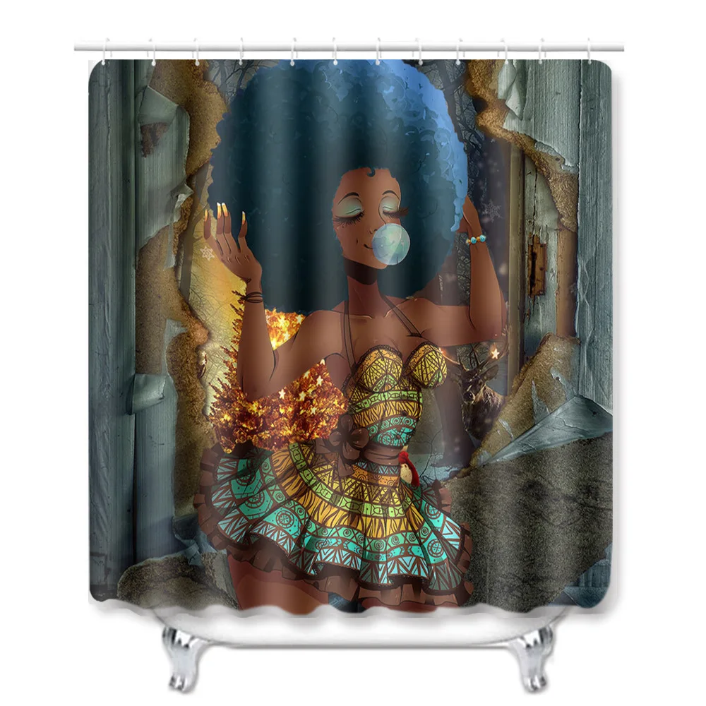 Christmas Series African Woman Pattern Shower Curtain and Bath Mat Set Waterproof Polyester Shower Curtain for Bathroom Shower