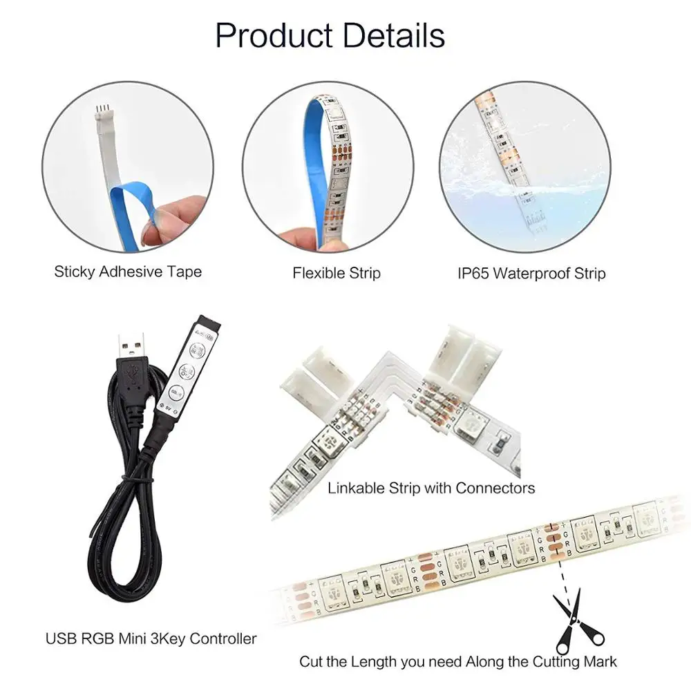 USB светодиодные полосы света, 3 ключа Мини контроллер светодиодный свет полосы комплект, 2 м RGB свет настроения, домашний Хэллоуин украшения 5050 SMD DC 5V