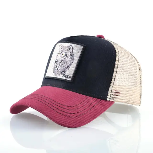 Fashion Animals Embroidery Baseball Caps Men Women Snapback Hip Hop Hat Summer Breathable Mesh Sun Gorras Unisex Streetwear Bone Red2 Wolf Head