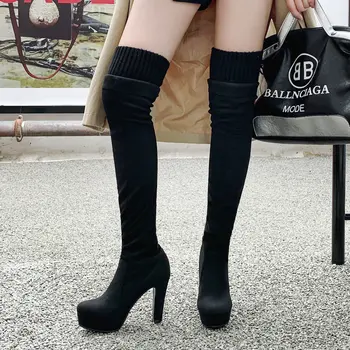 

Stretch Over The Knee Boots Faux Suede Winter Plush Women Boots Platform Square High Heel Long Boots Elastic Band Autumn Boots