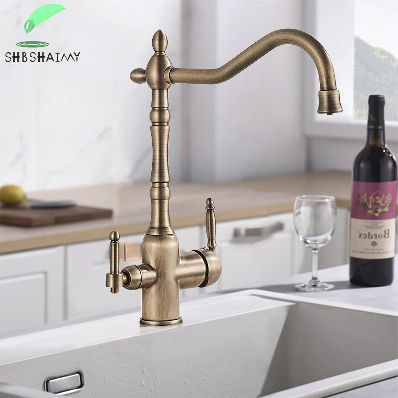 Antique Brass Filter Kitchen Faucet Drinking Pure Water Kitchen Tap Deck Mounted Dual Handles 3-Ways Hot and Cold Water Mixer