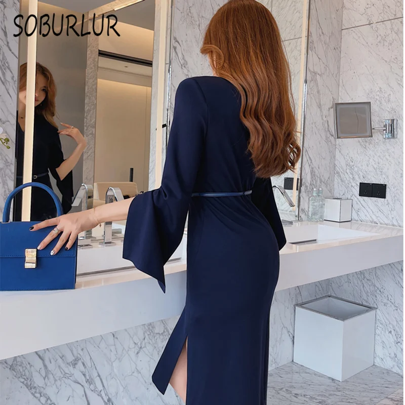 SOBURLUR 2022 New Chic Women's Mini Dresses Chic Split Bag Hip Midi Dress Casual Elegant Korean Sytle Blue Robe Send Belt Female