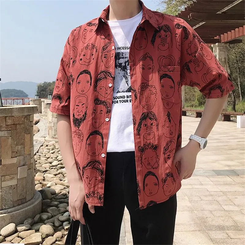 Harajuku японский Ukiyo E аниме рубашка свободная мужская с принтом головы хип-хоп Гавайские VogueShirts уличная летняя футболка с коротким рукавом