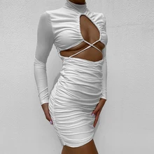

White V-neck 2021 New Summer Hollow Folding Party Sexy Dress Fashion Celebrity Long Sleeve Casual Mini Dress New High Quality