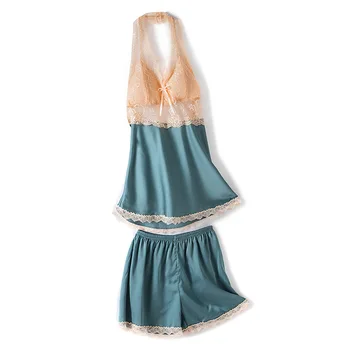 

V-Neck Sleepwear Set Sleeveless Pajamas Women Lace Robes Negligee Backless Top Short Pants Sleep Suit Nightgown Summer Sleepwear