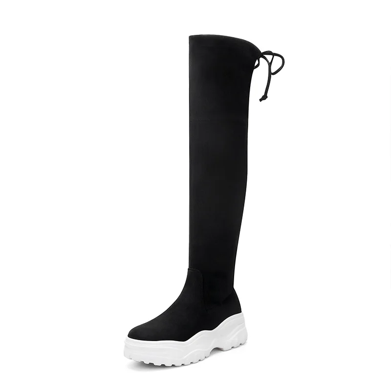 Эластичные женские Сапоги выше колена; коллекция года; модные осенне-зимние сапоги на платформе с круглым носком; YHA011 - Цвет: Black