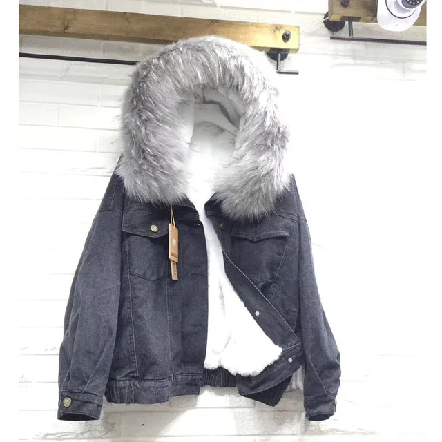 Вельветовая Толстая джинсовая куртка женская зимняя большой меховой воротник корейский локомотив ягненка пальто Женская Студенческая короткая куртка