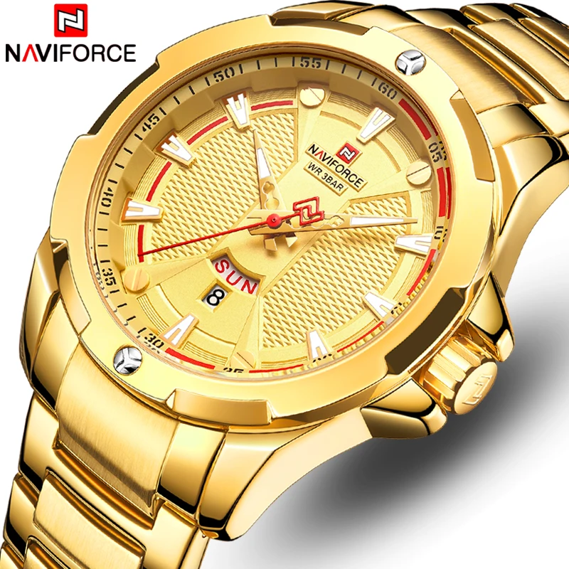 Новые мужские часы Naviforce с золотым верхом брендовые роскошные часы мужские Кварцевые водонепроницаемые мужские наручные часы из нержавеющей стали Relogio Masculino