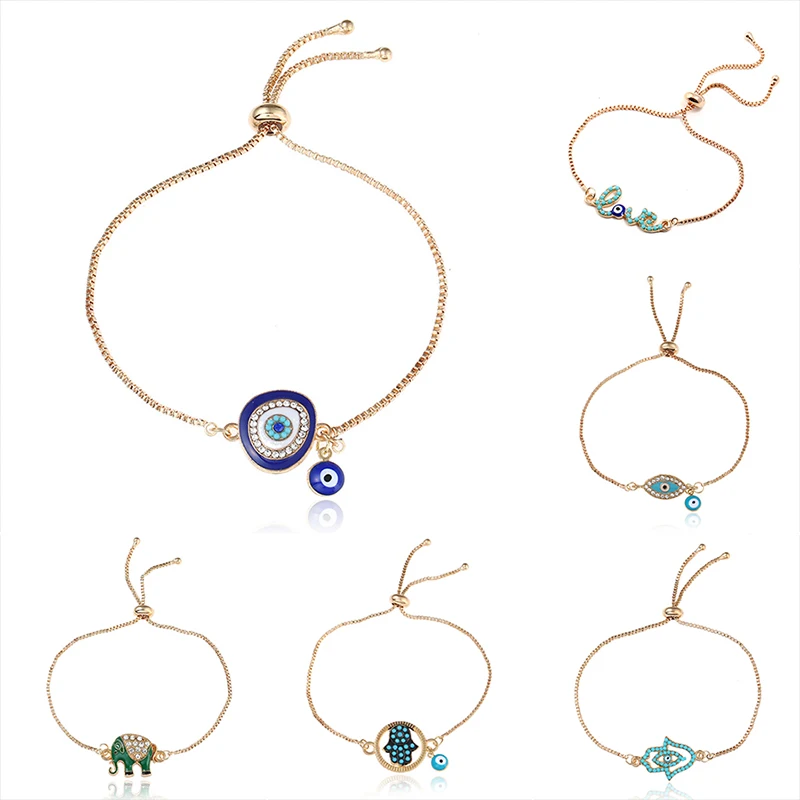 Trendy Blue Evil Eye Bracelets For Women Enamel Hamsa Fatima Hand Charm Adjustable Chain Bangle Vintage Female Jewelry bracelet jewelry