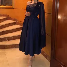 

Navy Blue Arabic Dubai Tea Length Evening Dress Asymmetrical Sleeves Muslim Prom Party Gown Vestidos Fiesta Robe De Soiree