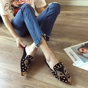 

OllyMurs Fashion Black Summer Shoes Woman Slippers Pointed Toe Metal Studded Women Shoes Flat with Slippers Mules Shoes Woman
