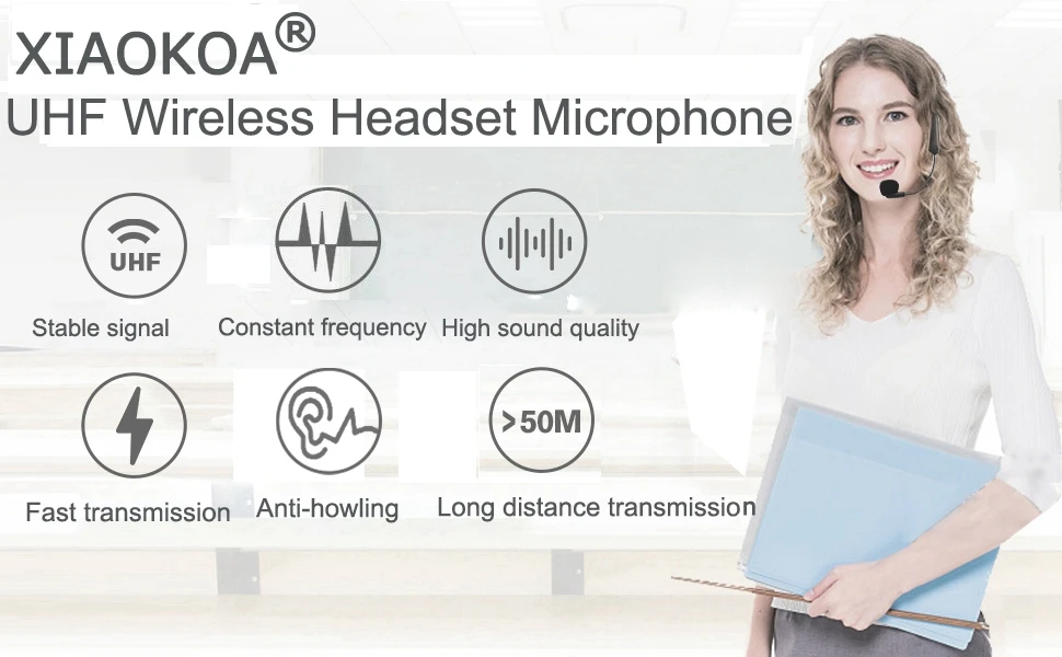 UHF Wireless Microphone Headset Headset and Handheld 2in1 50M Range Rechargeable for Voice Amplifier Teach Wireless Mic XIAOKOA