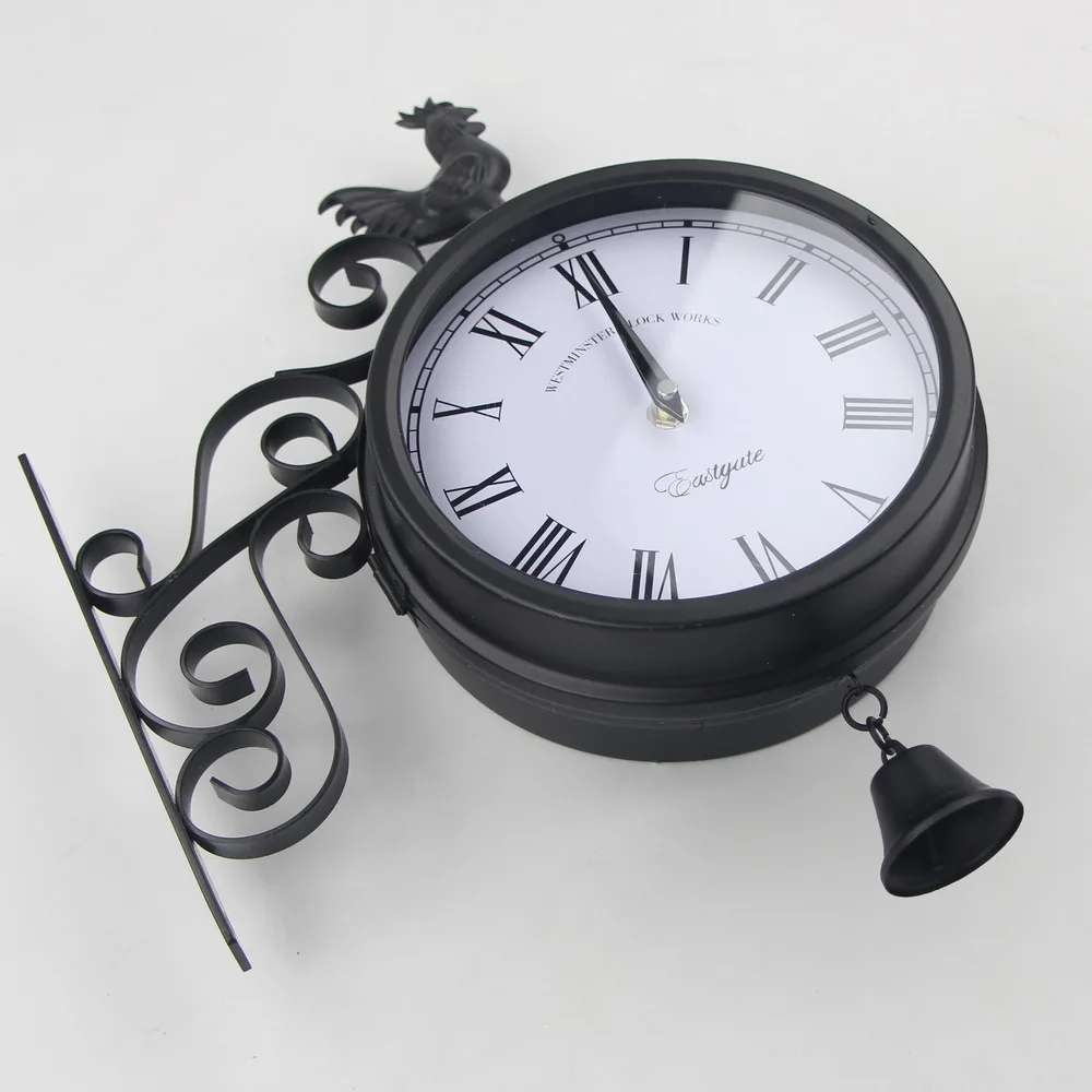 Outdoor Iron Art Garden Hour Creative Fashion Double-Sided Wall Clock Metal Clock Rooster Bell Modeling