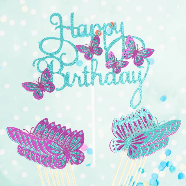 13 pçs glitter borboleta feliz aniversário bolo toppers 3d rosa
