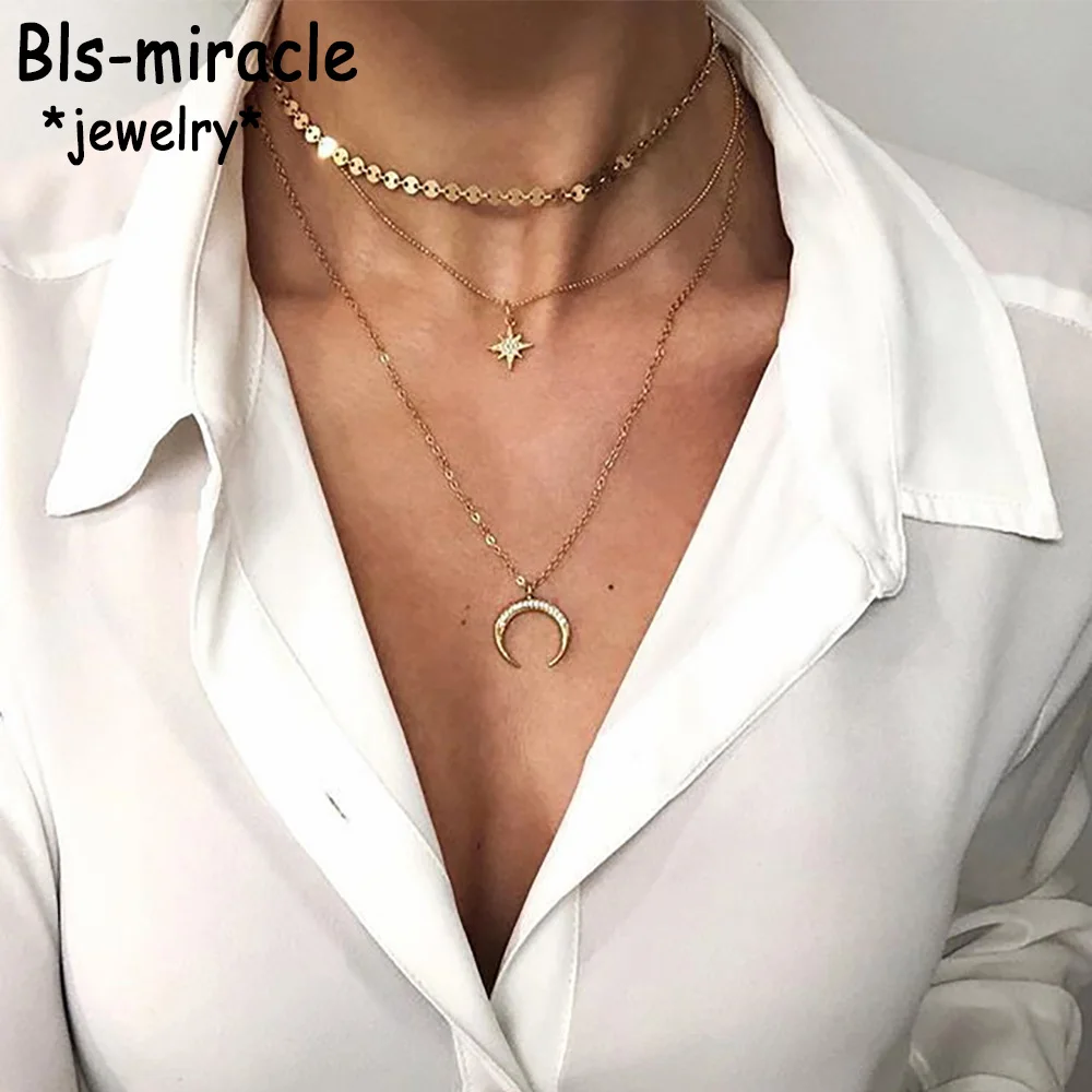 Boho New Fashion Sequin Crystal Sun Horns Pendant Necklaces For Women Vintage 2020 Gold Necklace Multilayer Female Jewelry Gift | Украшения