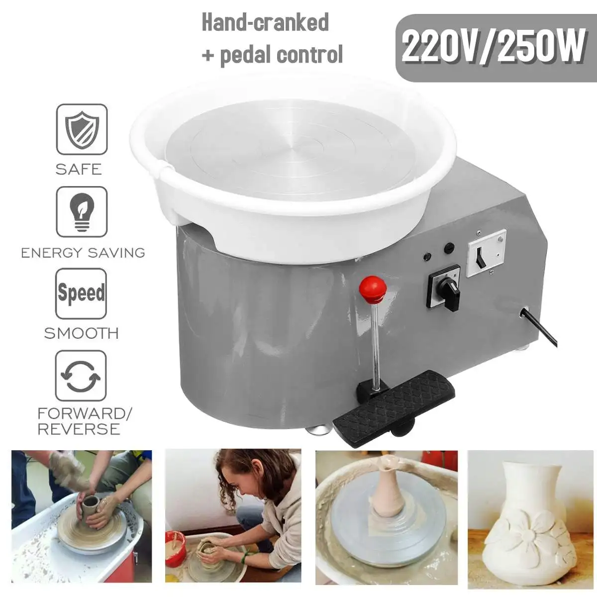 Pottery Wheel Machine 32cm 220V 250W Hand cranked and pedal control peda Ceramic Work Clay Art With Mobile Smooth Low Noise - Color: Light Grey