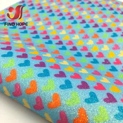 Floral Sparkle Glitter Faux Leather Fabric for Crafting and DIY Projects (Heart shape BLUE)