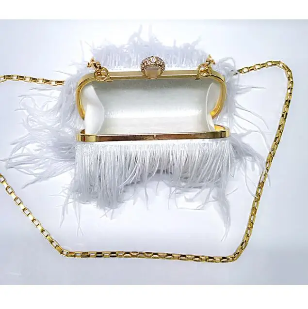2022 Luxury Ostrich Feather Party Evening Clutch Bag Women Wedding Purses and Handbags Small Shoulder Chain Bag Designer Bag