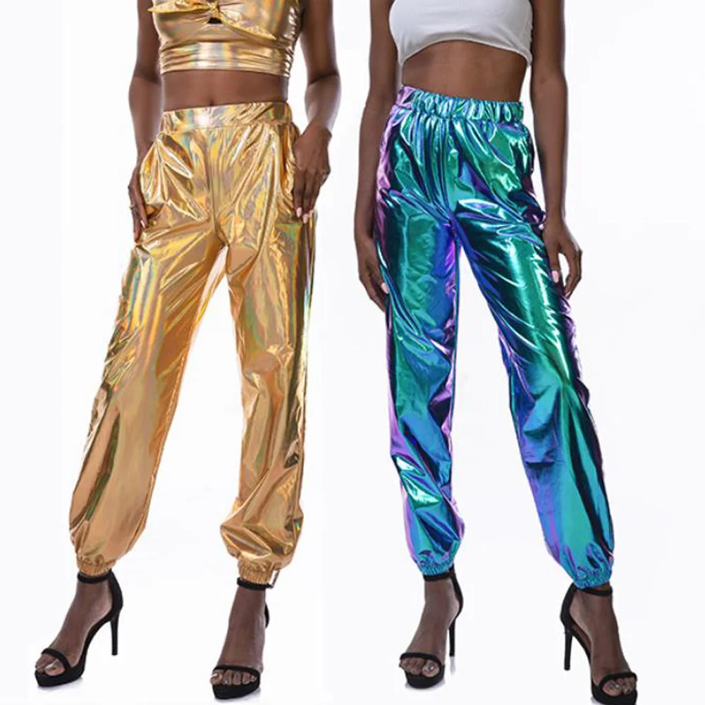Голограмма лазерные брюки блестящие металлические кожаные золотые эластичные талии уличная хип хоп Jogger спортивные брюки Харадзюку шаровары