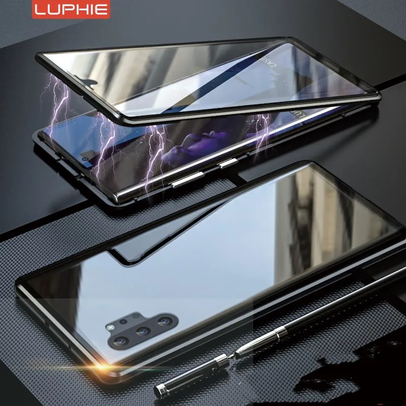 Black Роскошный чехол Luphie 360 с магнитным передним задним стеклом и двойным боковым стеклом для samsung Galaxy Note 10 Plus Note10+ магнитная откидная крышка - Цвет: Black