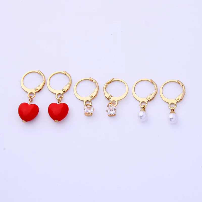 

Trendy 3 Pcs / Set Korea Style Simple Design Red Heart Drop Earrings Dainty Temperament Love statement Earrings for Woman