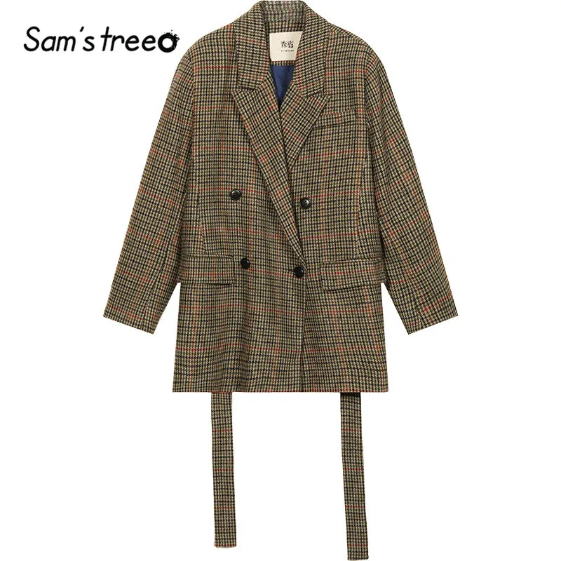 SAM'S TREE клетчатое Женское пальто с пуговицами спереди и графикой, осень, длинный рукав, пояс, Повседневный корейский Британский стиль, Женские базовые Топы