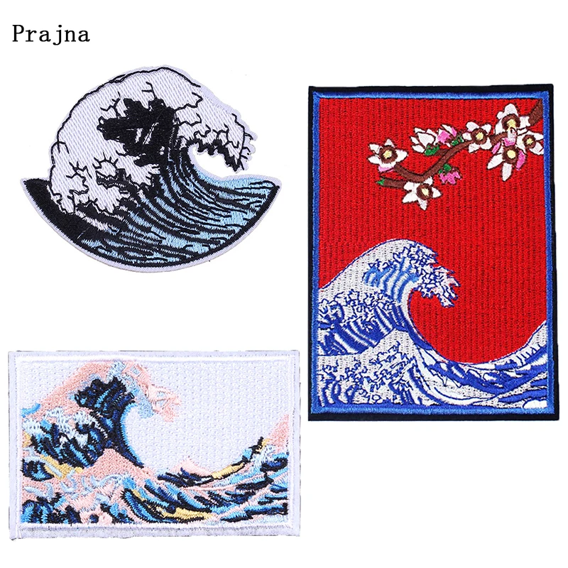 

Prajna Kanagawa Wave Patches Sakura Sea Patch Stripes For Clothing DIY Hook Loop Stickers On Cloth Fashion Apparel Badge Decor F