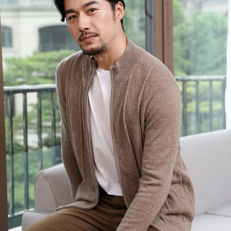 

2019 Autumn And Winter New Style 100% Cashmere Sweater Men Half-Turtle-Neck Zipper Cardigan Solid Color Knitted Coat Business Sw