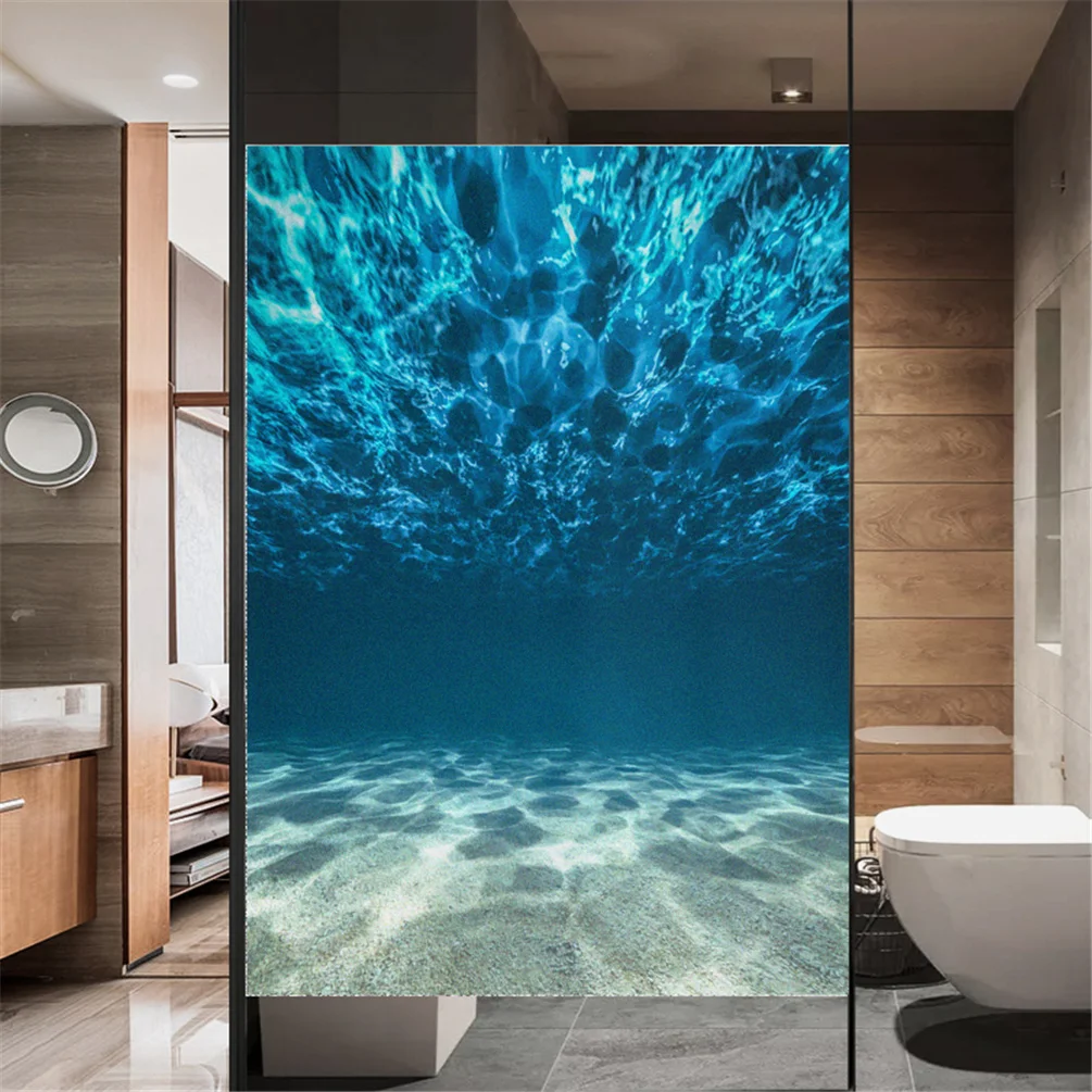 Film Adhésif Vitrail Style Océan 3D - 100x43 Cm, Holographique, Intimité Sans Bloquer La Lumière
