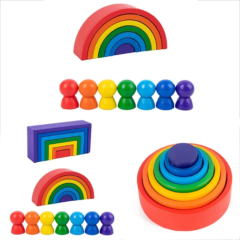 Wood Rainbow Blocks Natural Wooden Toy Children Block Rainbow Toy Building Block