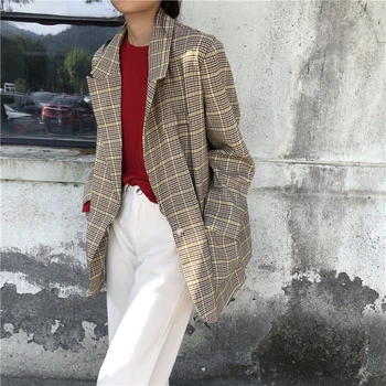 

Vintage casual Plaid Blazer Long Sleeve Loose Suit Coat Jacket Women blazers Female