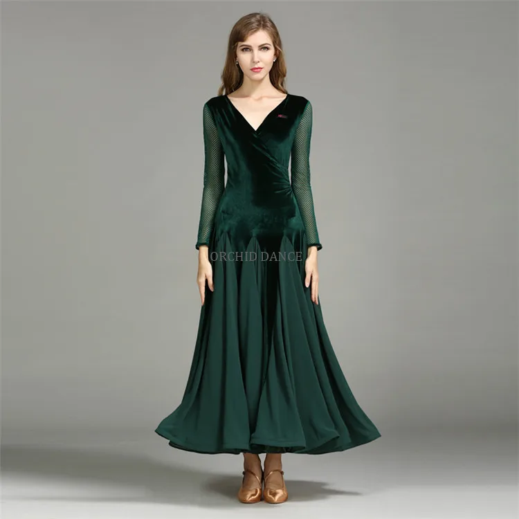 Dark green Длинный бархатный танцевальный костюм Латинская Сальса бальное платье Красный - Цвет: Dark green