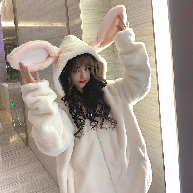 trendy hoodies for women Gothic Harajuku Couple Hoodies Cute Rabbit Ears Black Hooded Outwear Women 2022Sweet Loose Warm Plush Coats Autumn Winter Jacket sweatshirts for girls