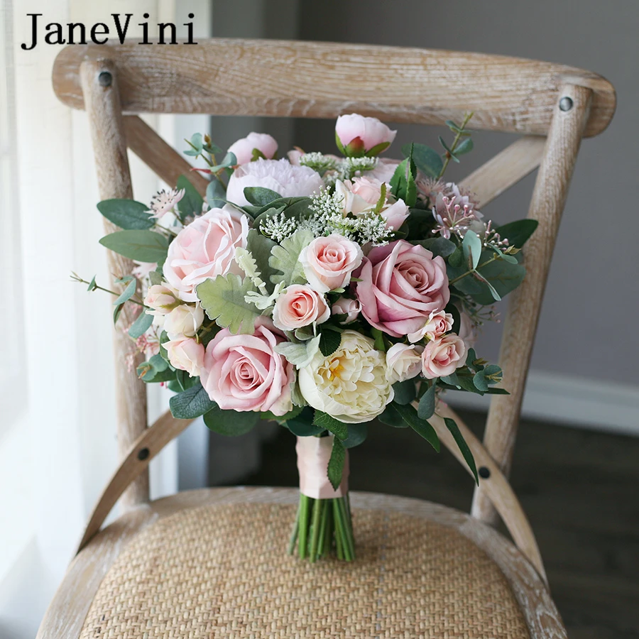 JaneVini элегантные розовые цветы свадебный букет Искусственные Шелковые Розы Летние свадебные поддельные Букеты Свадебные аксессуары Boque Noiva