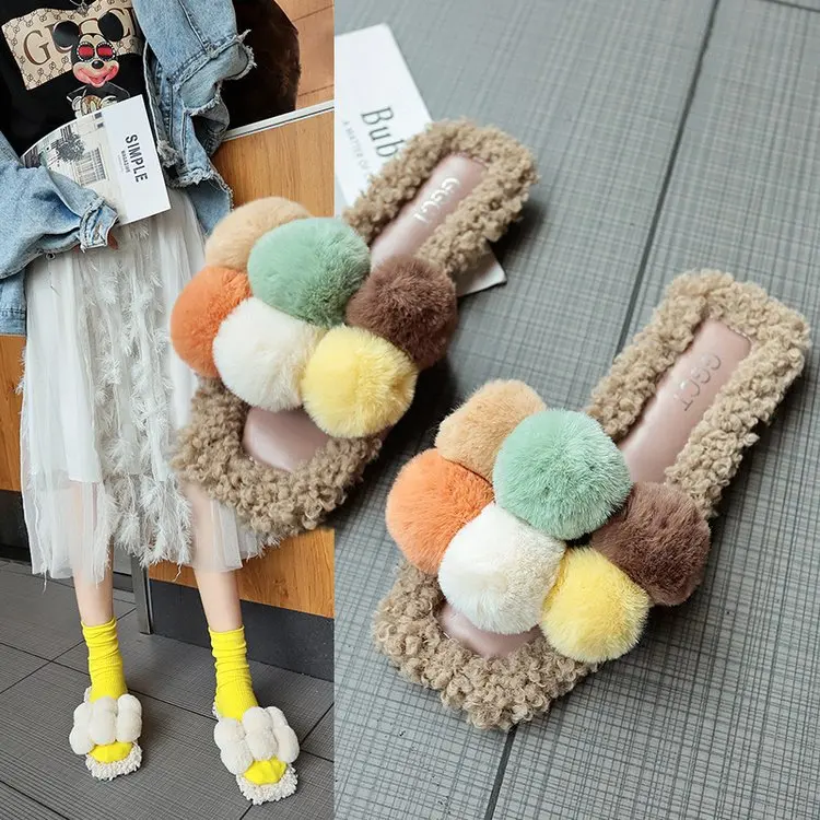 

Autumn New Cute Hair Ball Square Head Sandals and Slippers Out Wearing Flat Wool Shoes Sweet Slippers Color Matching Womens Shoe