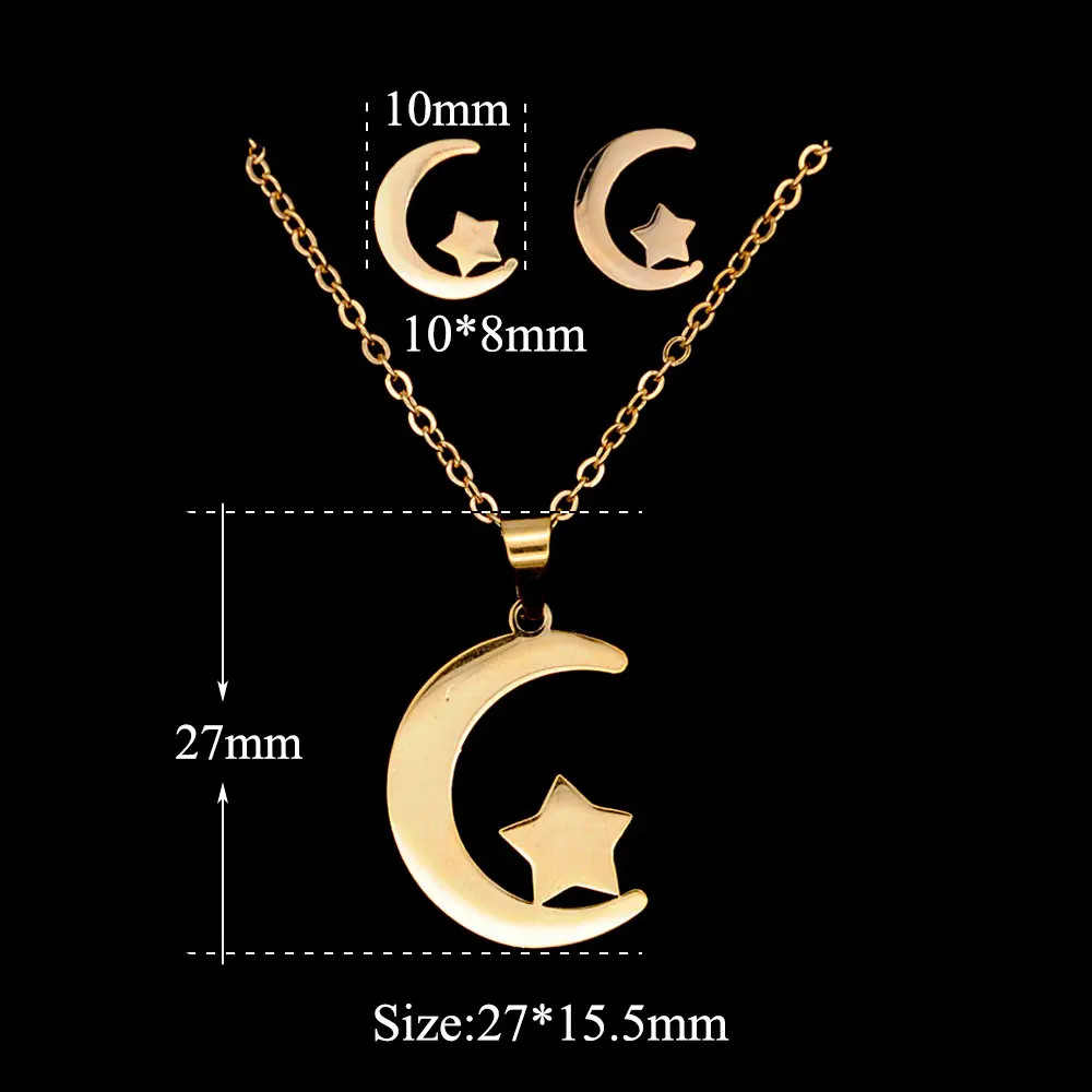 100% Stainless Steel PVD Gold Filled Moon Star Earring Necklace Jewelry Set Stud Earrings Dropshipping AAAAA Quality Wholesale