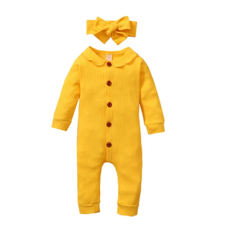 

Autumn Baby Girl Long Sleeve Solid Print Single Breasted Romper With Headband Outfits Sets