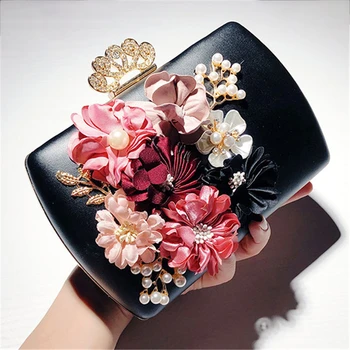 

Women Clutch Bags Floral Luxury Handbags Black Evening Bag Pearl Flap Wedding Bride Crystal Purse Ladies Small Shoulder Bags