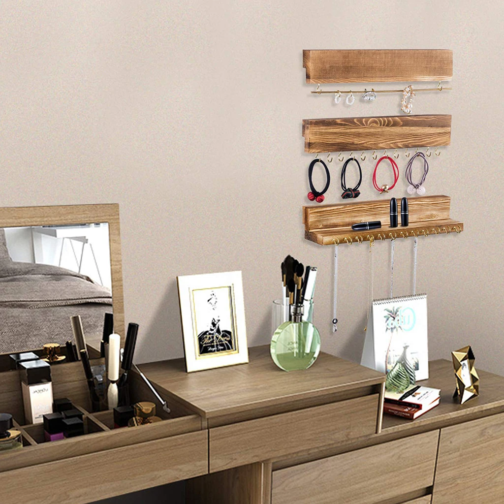 3Pcs Wall Mounted Jewelry Organizer, Rustic Wood Rack for Earring, Bracelet and Necklace Holder - Jewelry Hanger Rack Set